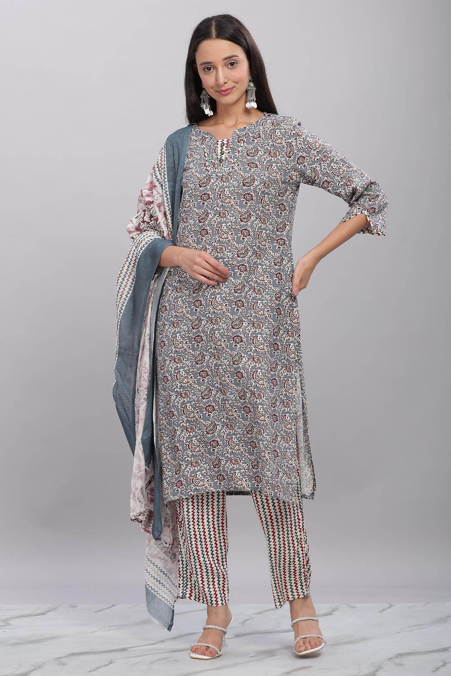 Firdous Rayon Grey Kurta Set with Dupatta – Elegant Ethnic Wear for Women