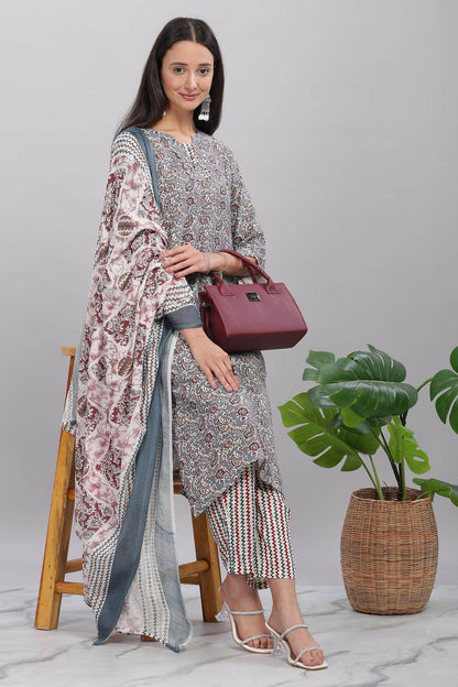 Firdous Rayon Grey Kurta Set with Dupatta – Elegant Ethnic Wear for Women