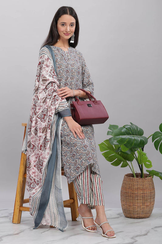 Firdous Rayon Grey Kurta Set with Dupatta – Elegant Ethnic Wear for Women