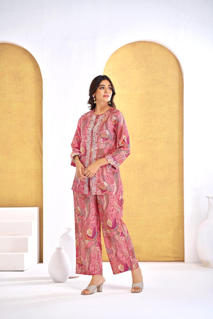 Saumya Mauve Rust Modal Chanderi Co-Ord Set with Embroidered Details
