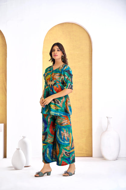 Kalki Green & Blue Modal Chanderi Women's Co-Ord Set – Elegant Ethnic Wear