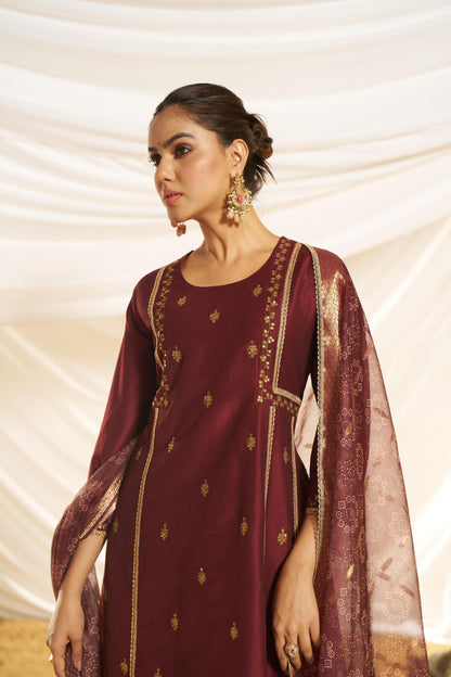 Kayra Maroon Sequins A-Line Suit Set with Lace Borders - Chinnon Silk