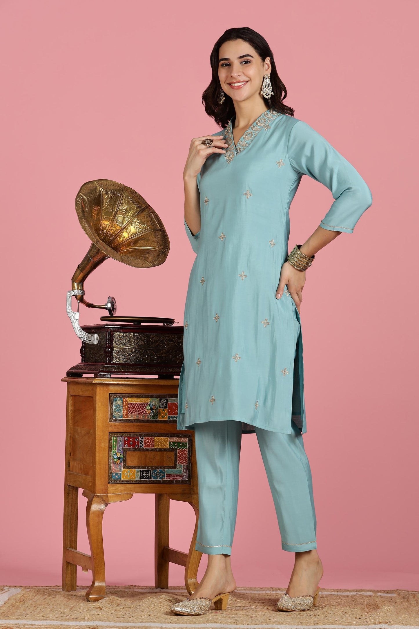 Sky Blue Chanderi Silk Kurta Set with Zari Neckline & Sequin Work