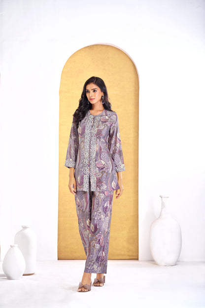 Saumya Mauve Rust Modal Chanderi Co-Ord Set with Embroidered Details