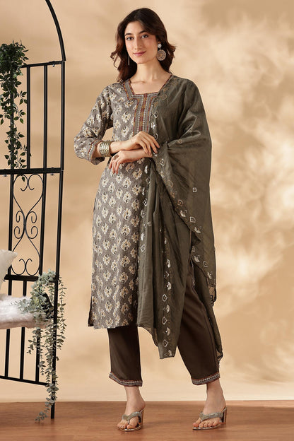 BulBul Shamaira Printed Grey & Rust Rayon Salwar Suit - Lightweight, Stylish Ethnic Wear for Women