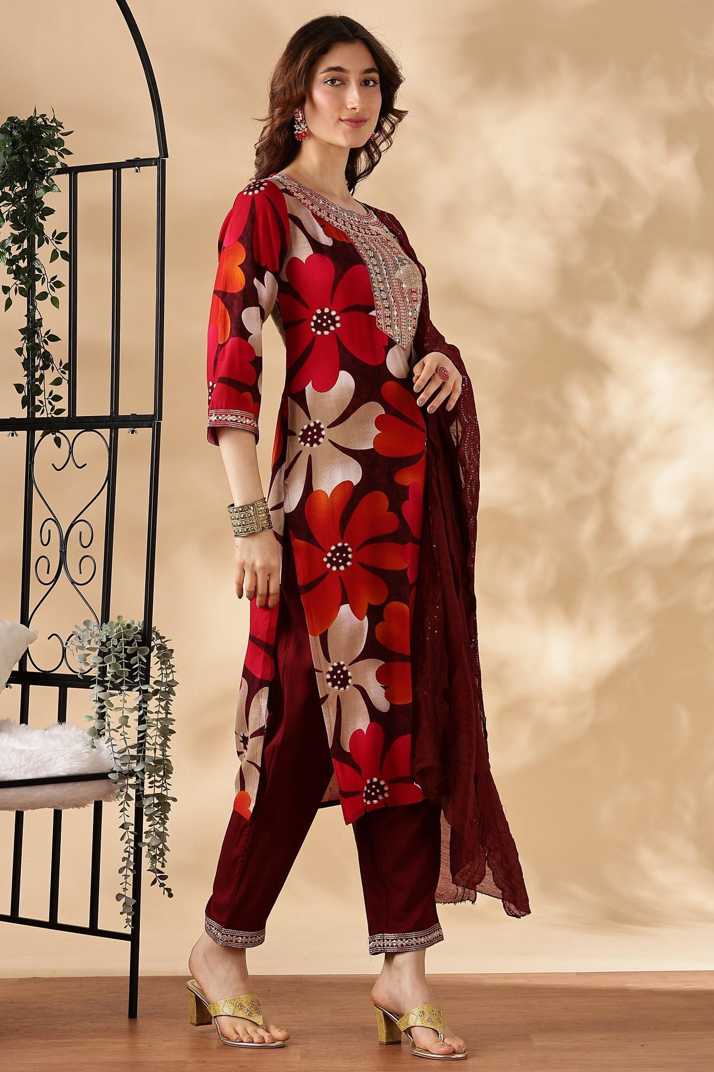 BulBul Roli Floral Printed Red & Grey Rayon Salwar Suit for Women | Elegant Ethnic Wear Set