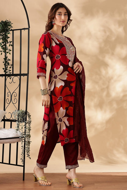 BulBul Roli Floral Printed Red & Grey Rayon Salwar Suit for Women | Elegant Ethnic Wear Set