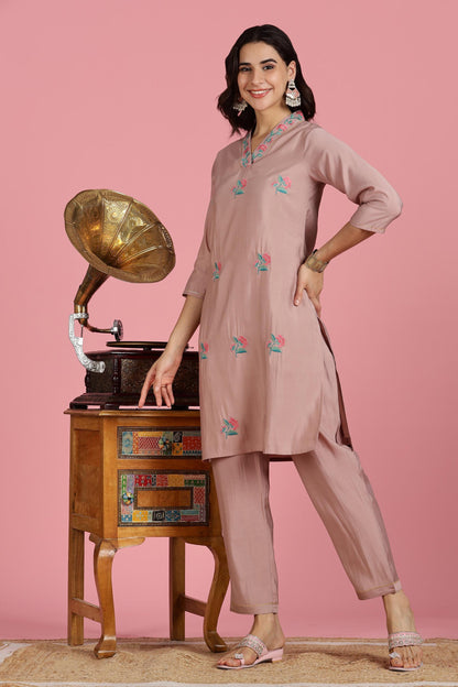Blush Pink Floral Kota Doriya Kurta Set with Zari Sequin Neckline & Dupatta