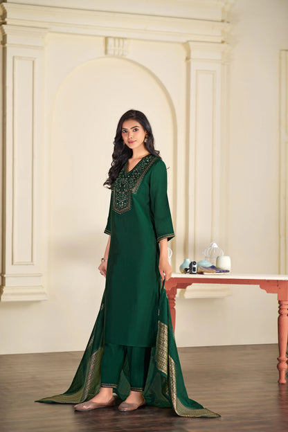 BulBul Ruhani Solid Green and Maroon Embroidered Roman Silk Salwar Suit for Women - warehousetech13