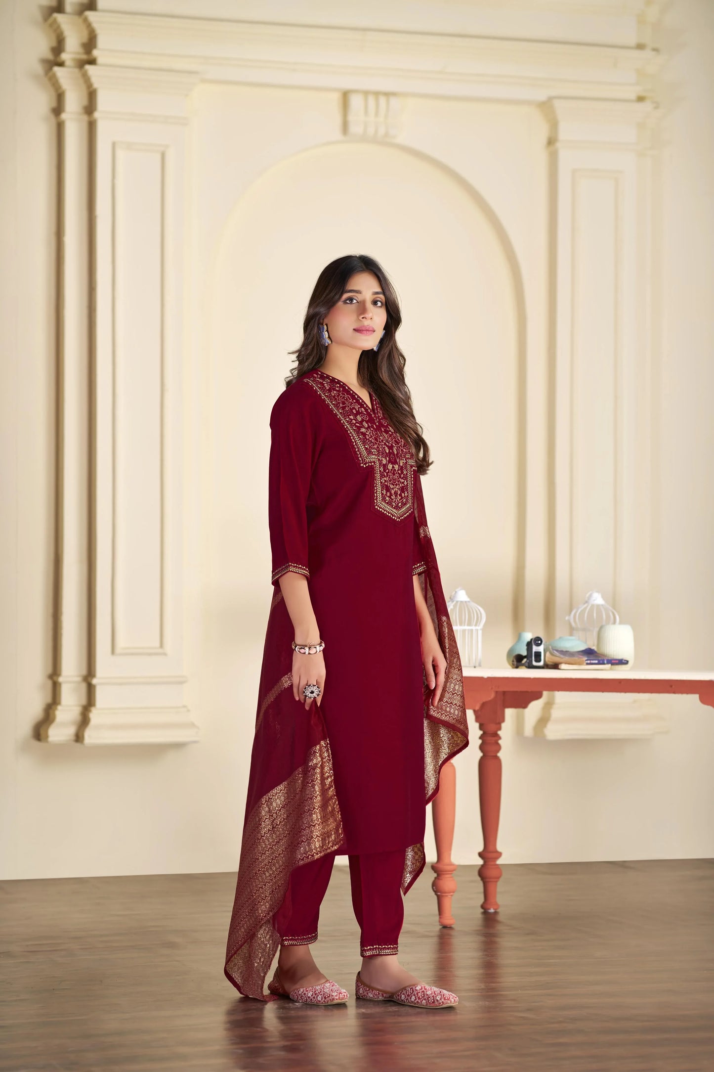BulBul Ruhani Solid Green and Maroon Embroidered Roman Silk Salwar Suit for Women - warehousetech13