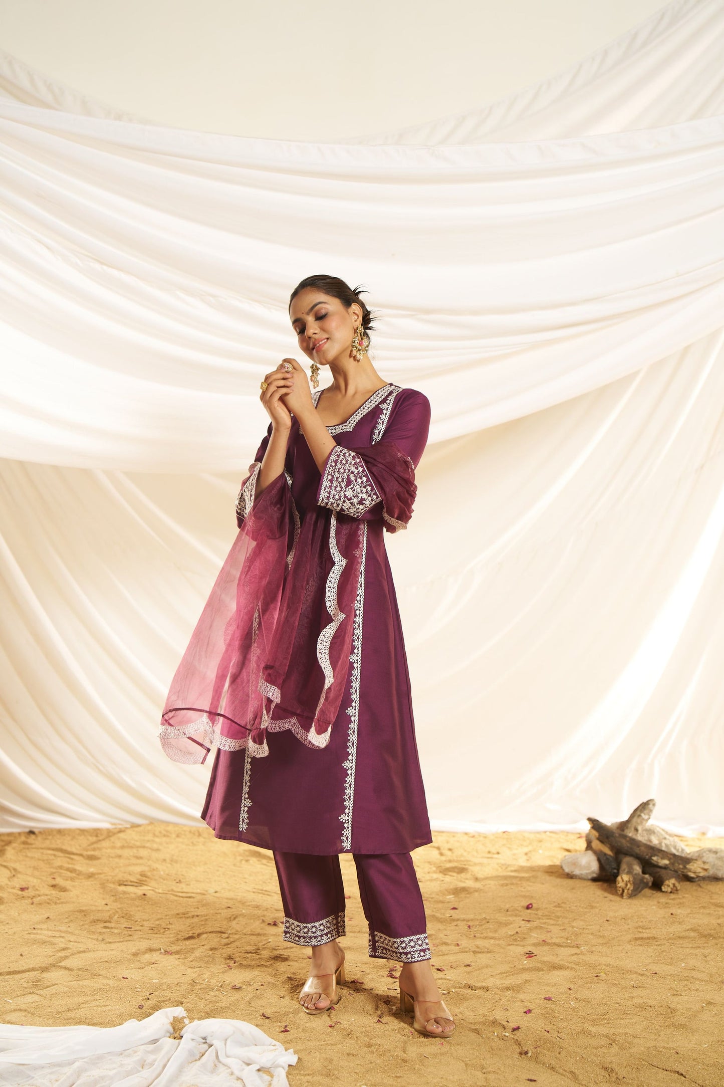Kayra Wine Aari Embroidered Chinnon Silk A-Line Suit Set with Cotton Lining
