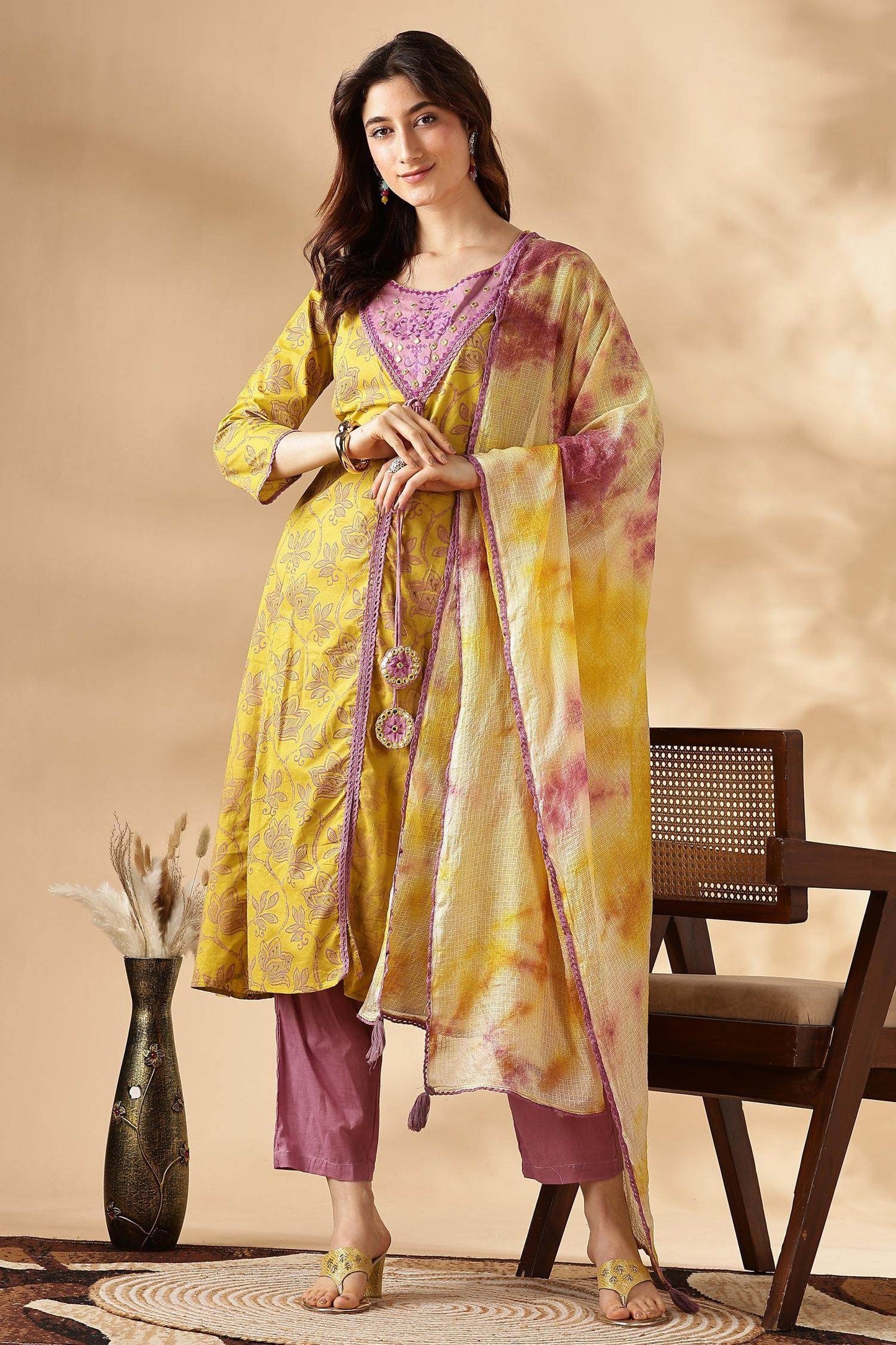 Women's Karina Mustard Cotton Kurta Set with Dupatta – Traditional Ethnic Ensemble