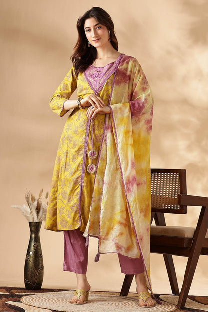 Women's Karina Mustard Cotton Kurta Set with Dupatta – Traditional Ethnic Ensemble