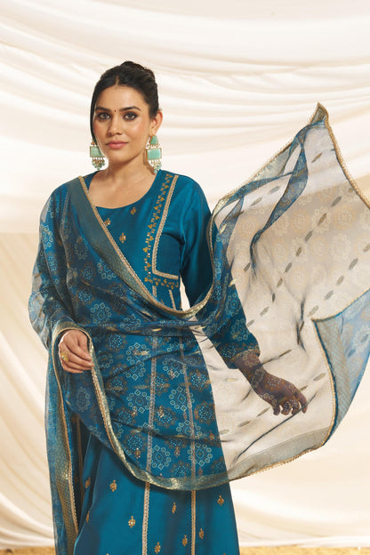 Kayra Teal Sequins A-Line Suit Set - Chinnon Silk with Cotton Lining