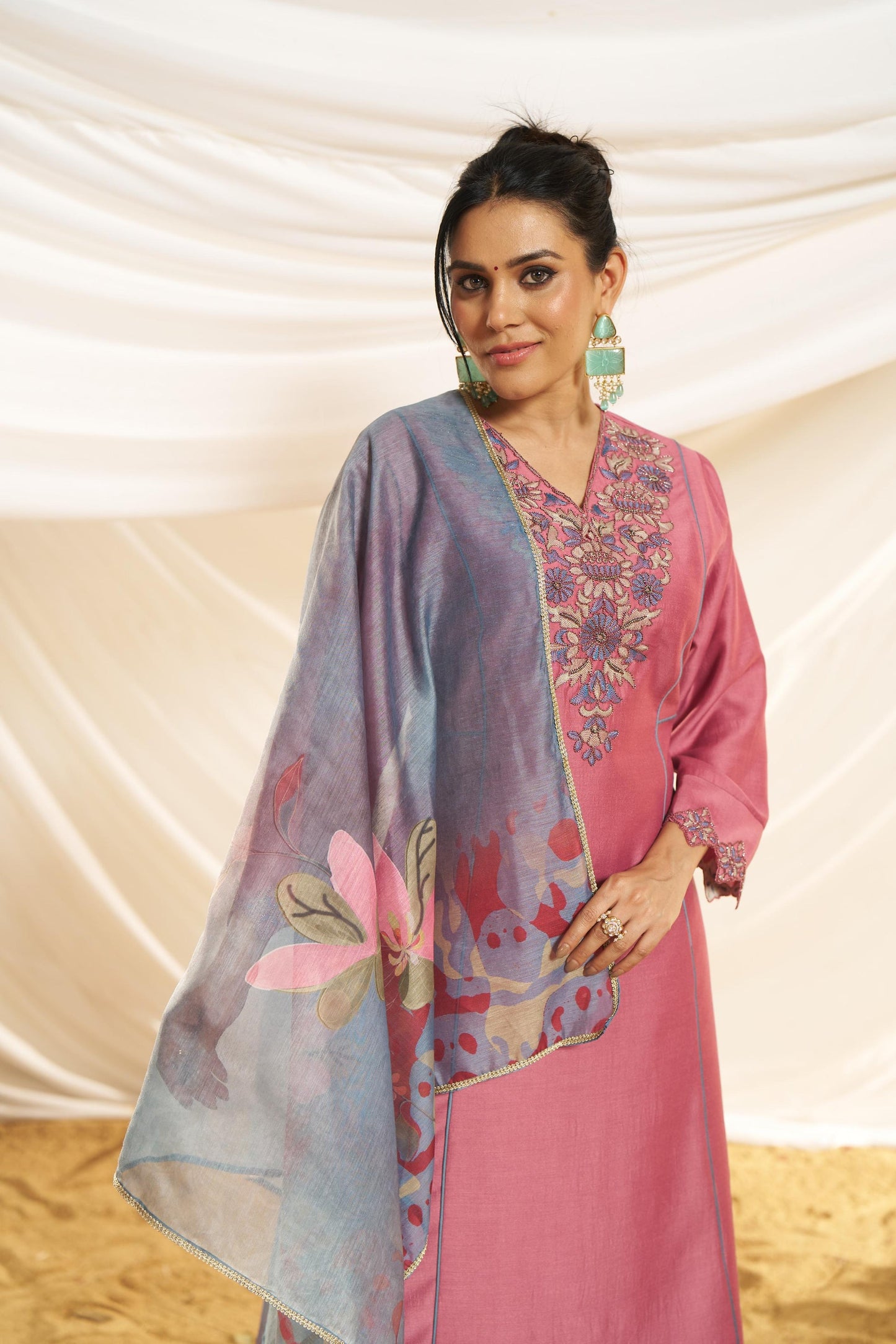 Kayra Blush Pink Embroidered A-Line Suit Set - Chinnon Silk with Cotton Lining