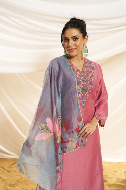 Kayra Blush Pink Embroidered A-Line Suit Set - Chinnon Silk with Cotton Lining