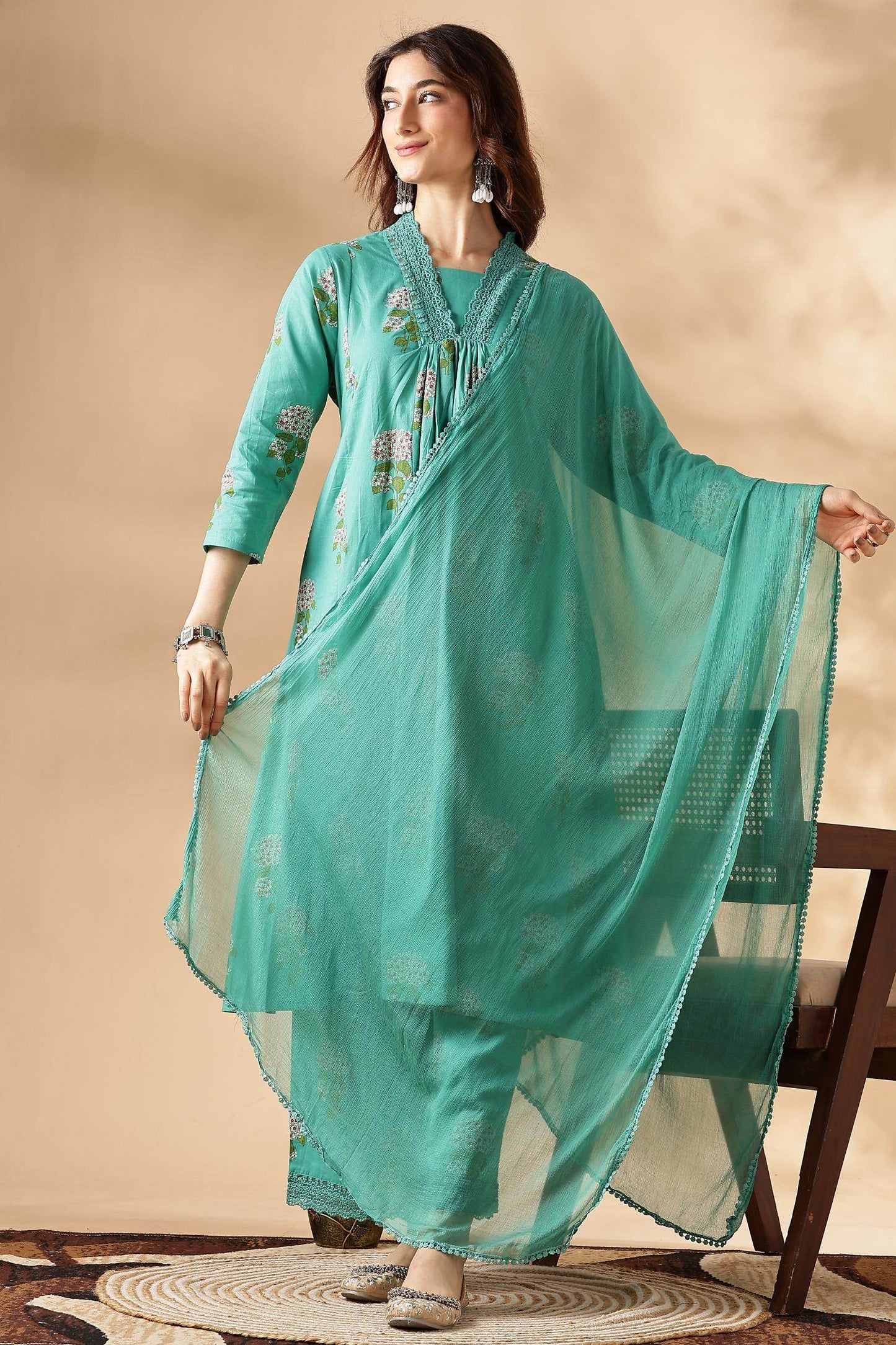 Karishma Cotton Green Kurta Set with Dupatta | Elegant Ethnic Wear for Women