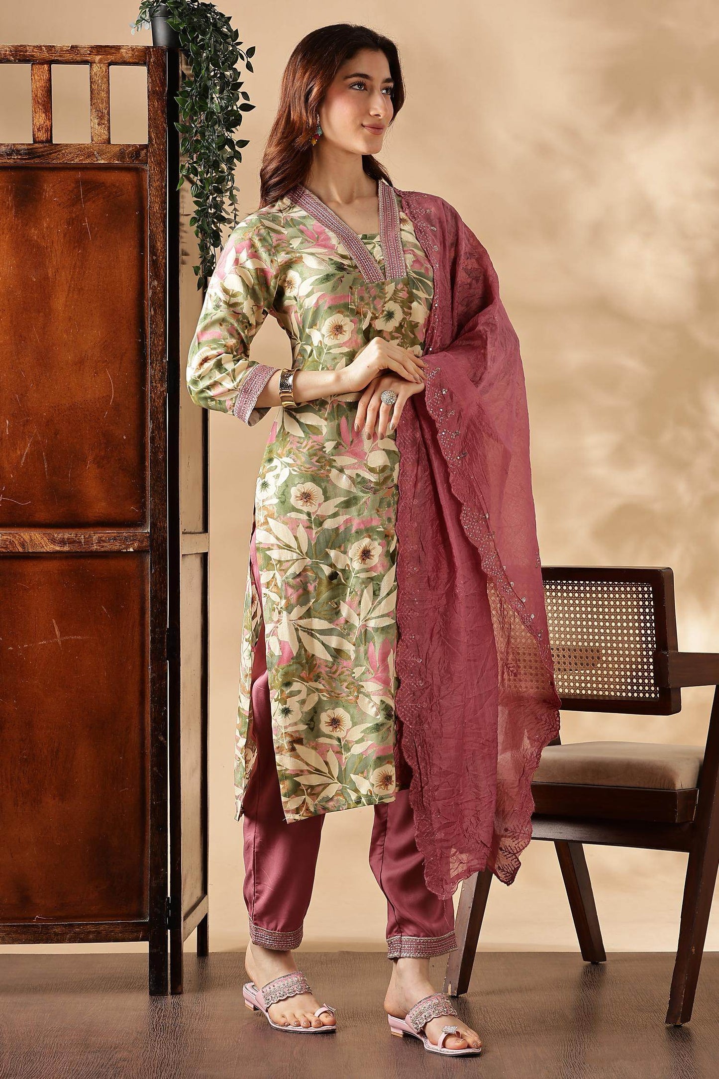 Designer Aafiya Green and Mauve Rayon Kurta with Dupatta Set