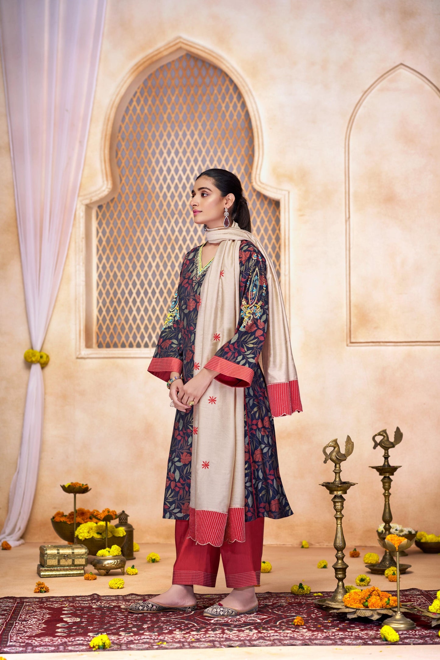 Rashmi Navy Multi-Color Embroidered Chanderi Silk Suit Set with Zari & Sequins