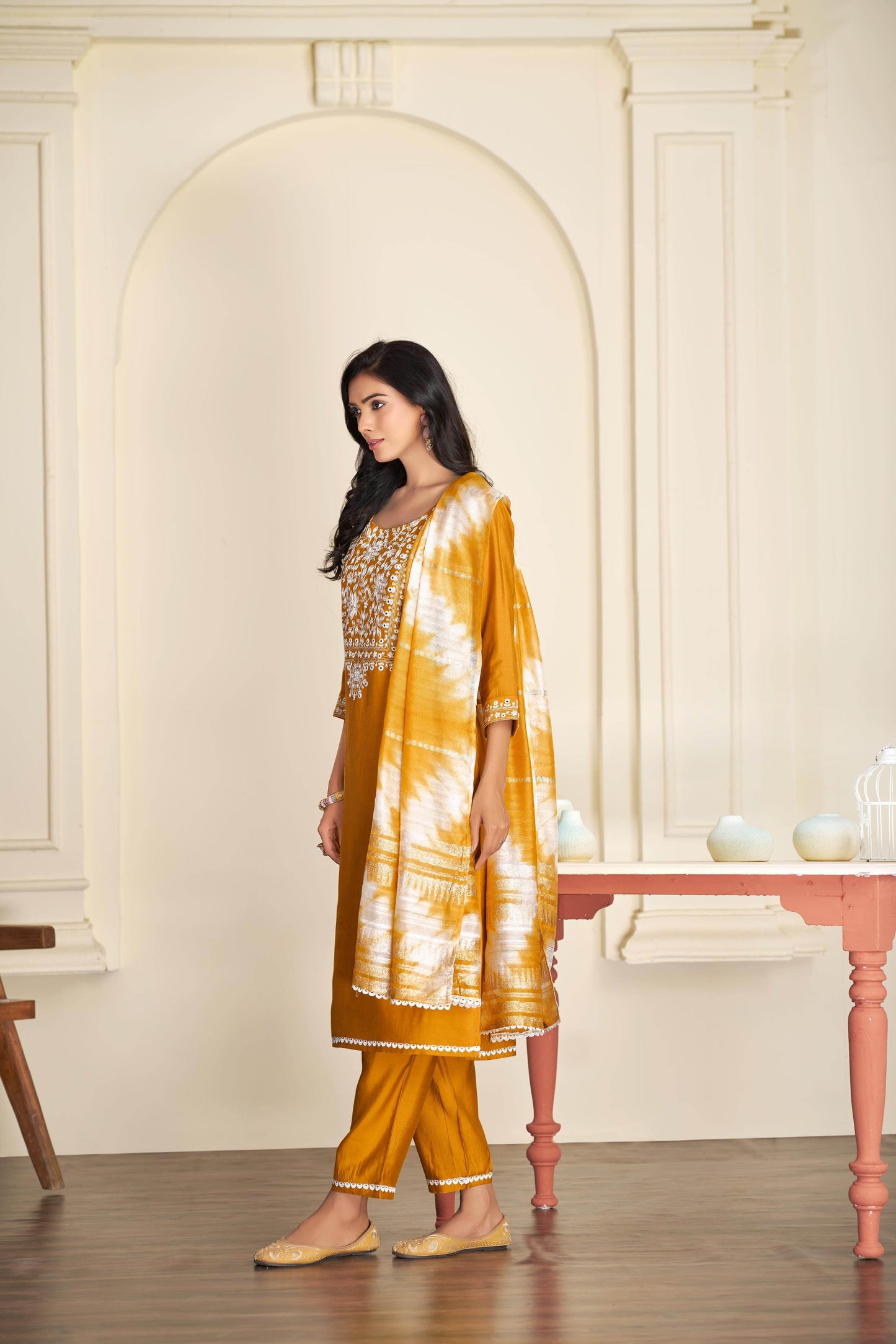 Shreya Silk Rama & Mustard Kurta Set with Dupatta for Women – Elegant Festive Ethnic Wear - warehousetech13