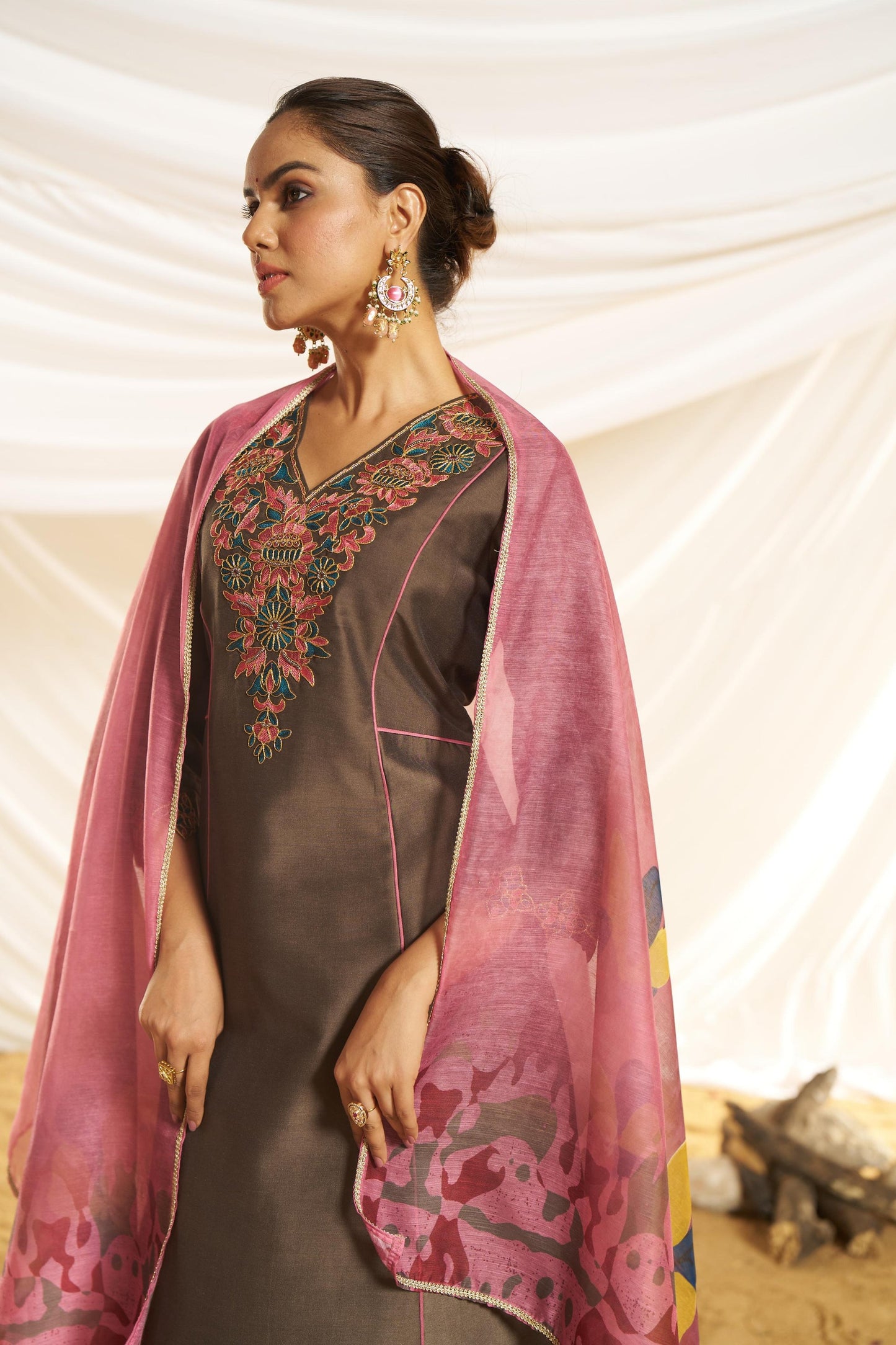 Kayra Brown Beaded Embroidered Chinnon Silk A-Line Suit Set with Cotton Lining