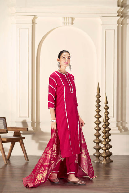 Almina Navy & Red Silk Kurta Set with Dupatta | Festive Ethnic Wear for Women