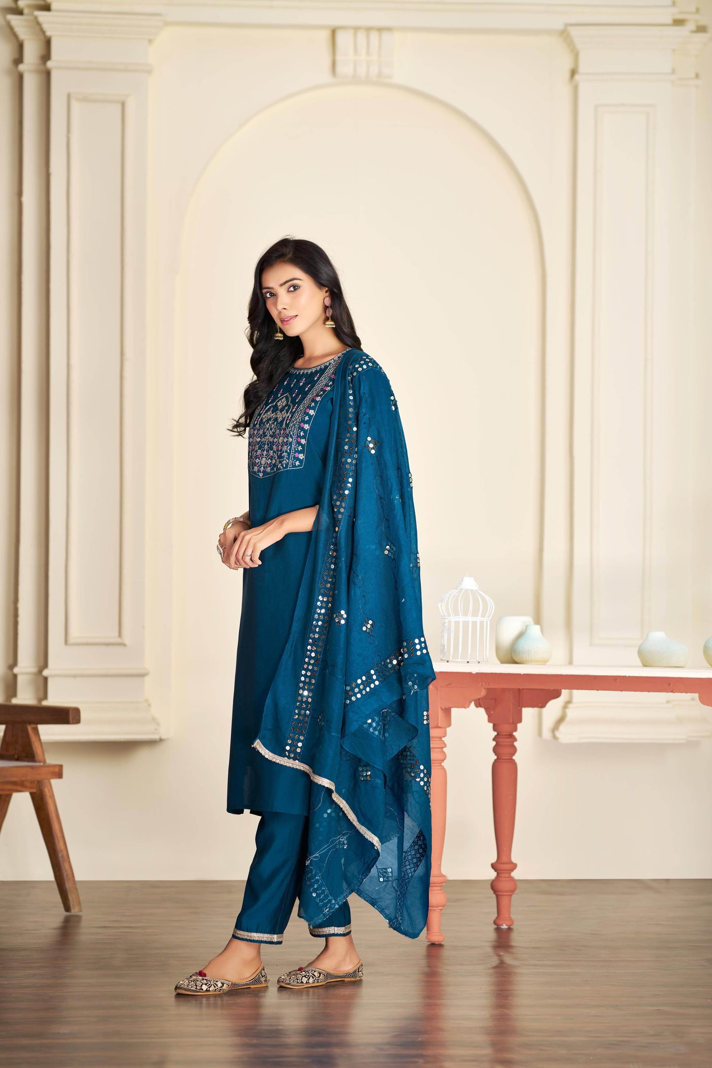 Prachi Silk Teal & Beige Kurta Set with Dupatta for Women - warehousetech13