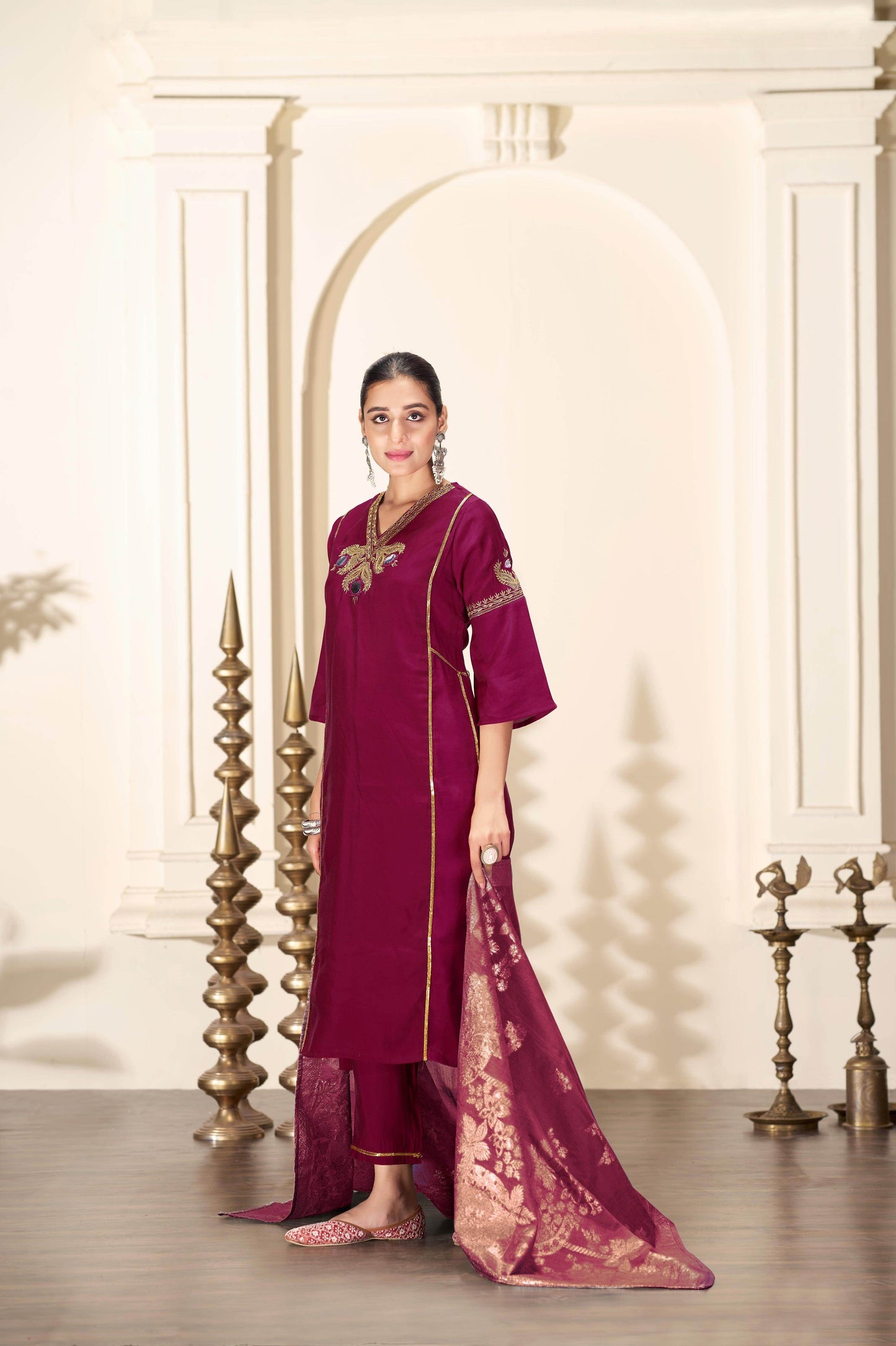 Shruti Silk Kurta Set with Dupatta - Wine & Ice Blue Ethnic Wear for Women