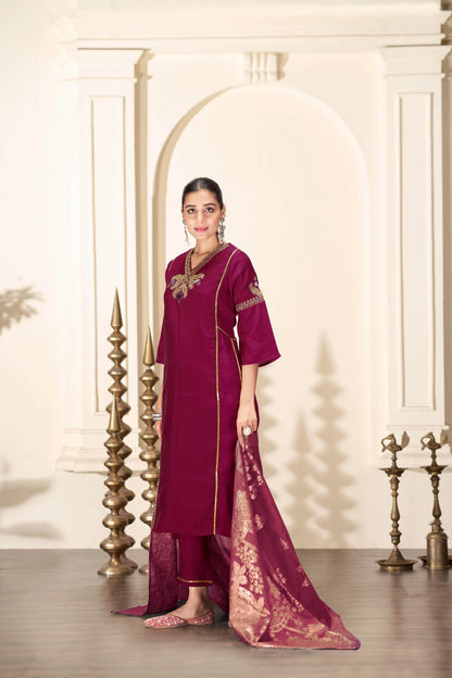 Shruti Silk Kurta Set with Dupatta - Wine & Ice Blue Ethnic Wear for Women
