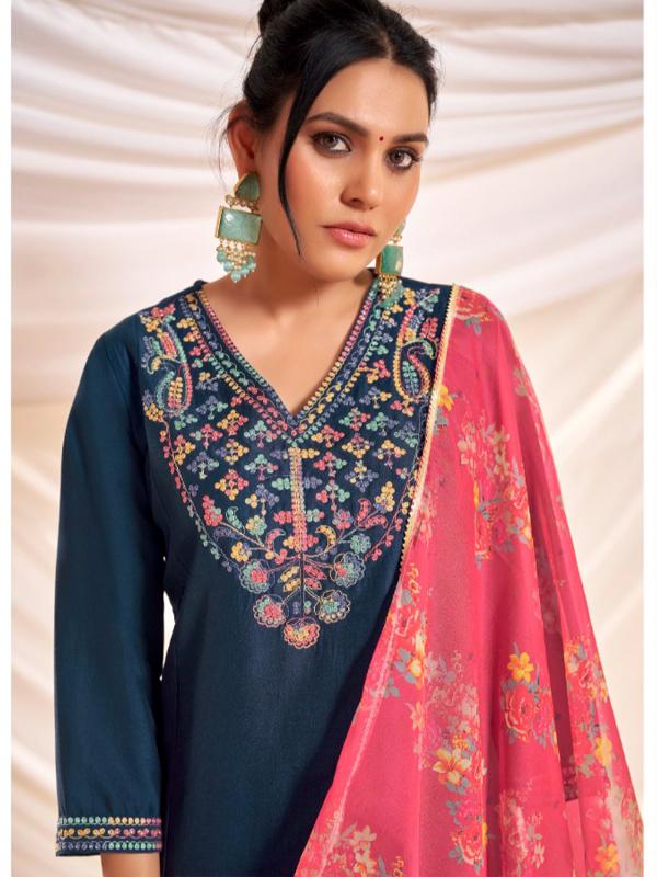 Kayra Navy Multicolor Embroidered Chinnon Silk Suit Set - Straight Fit
