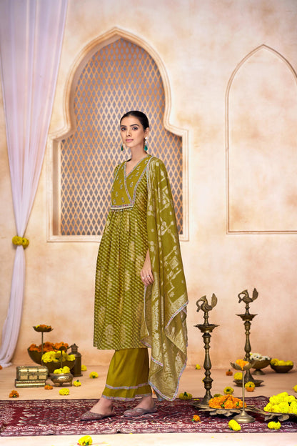 Rashmi Mehndi Green Chanderi Silk Suit Set with Beads, Sequins & Mul Lining