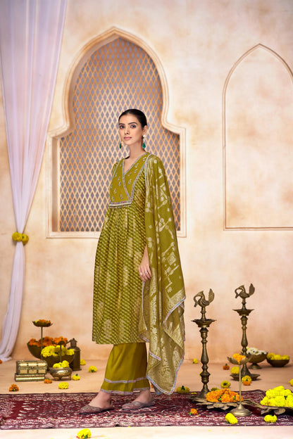 Rashmi Fuschia & Green Kurta Set with Dupatta - Elegant Modal Chanderi Ethnic Wear - warehousetech13
