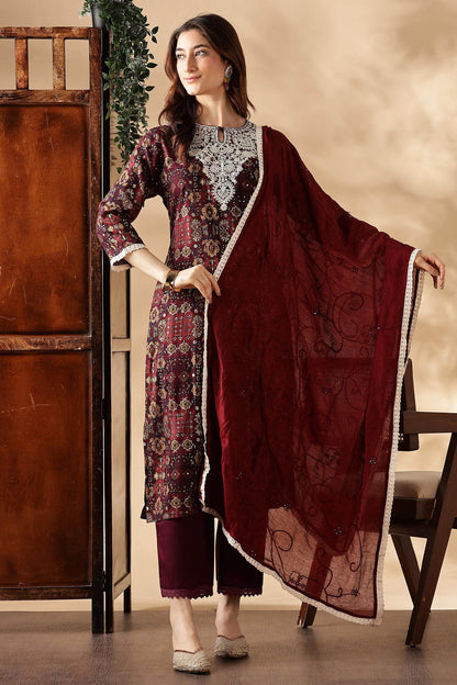 Stylish Anjali Rayon Kurta Set in Wine and Teal with Dupatta