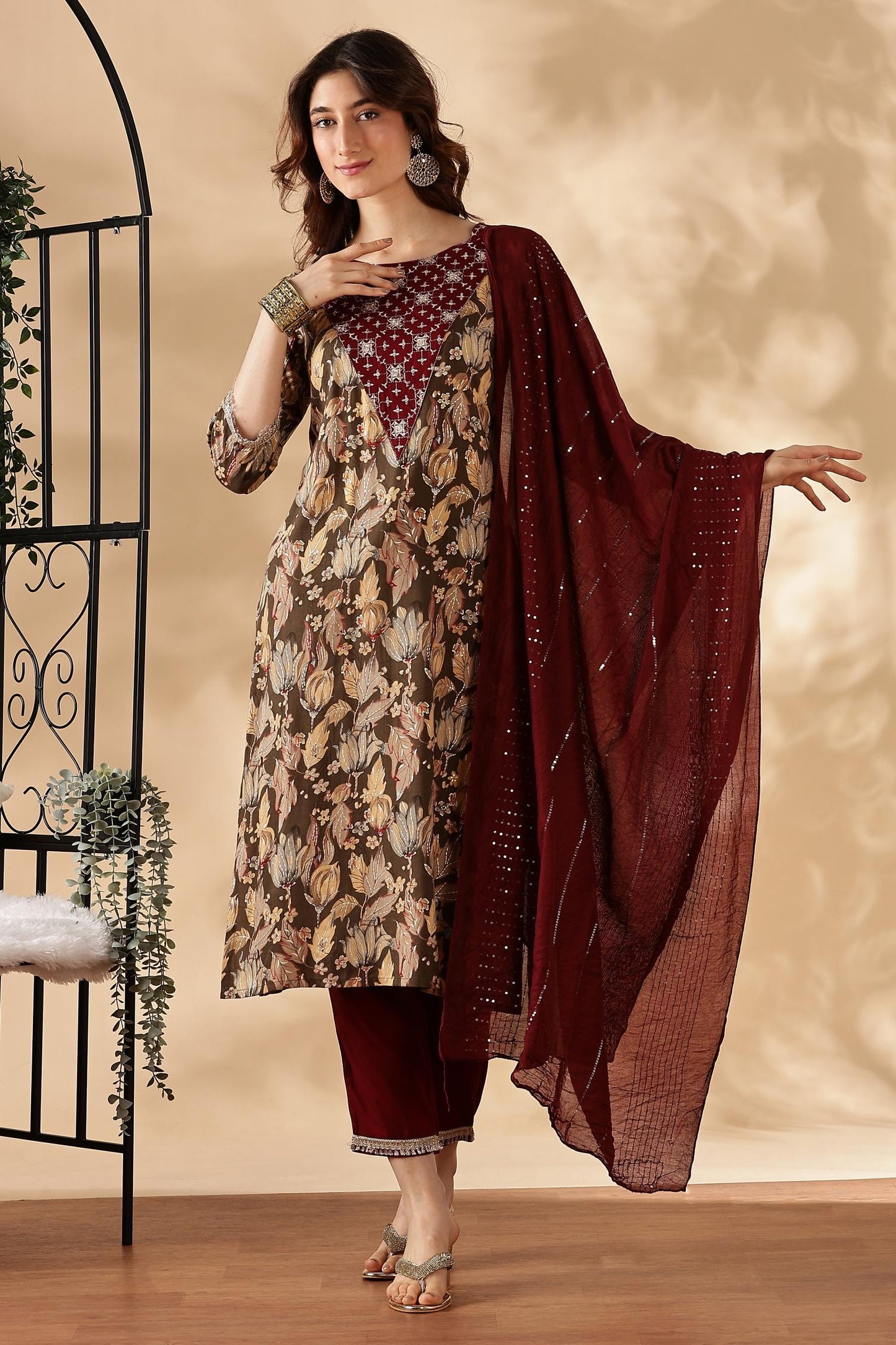 BulBul Areba Printed Wine & Olive Rayon Salwar Suit for Women – Elegant Ethnic Wear Set