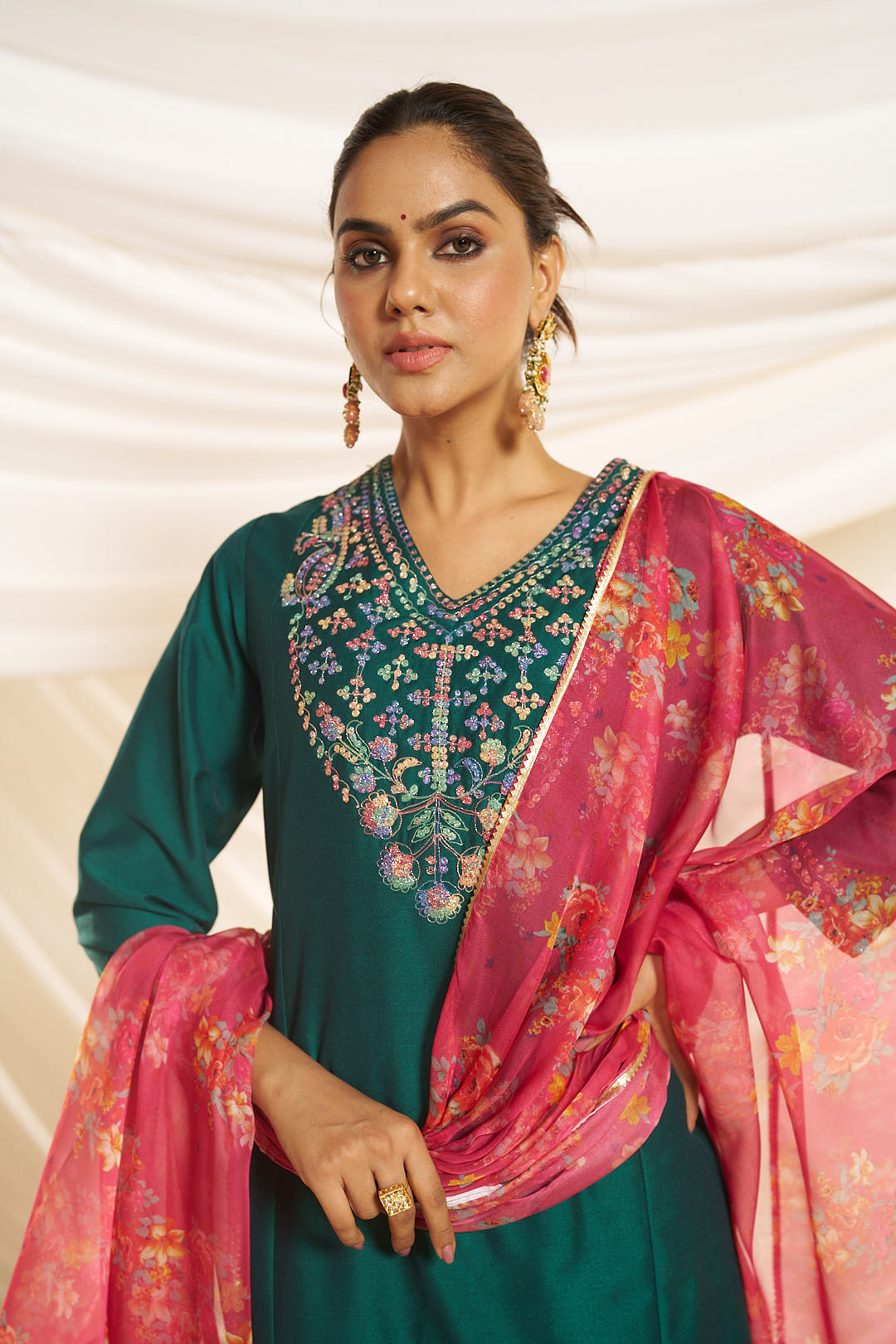 Kayra Green Multicolor Embroidered Chinnon Silk Suit Set - Straight Fit