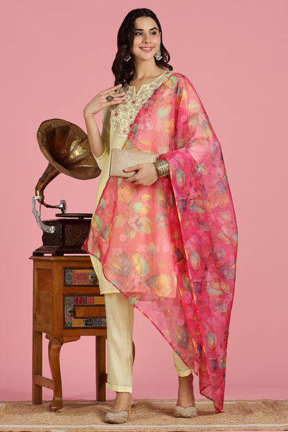 Butter Yellow Chanderi Silk Kurta Set with Resham Zari Floral Embroidery
