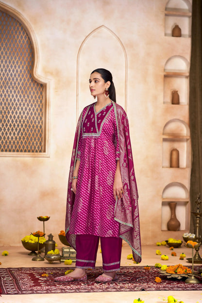 Rashmi Fuschia & Green Kurta Set with Dupatta - Elegant Modal Chanderi Ethnic Wear - warehousetech13
