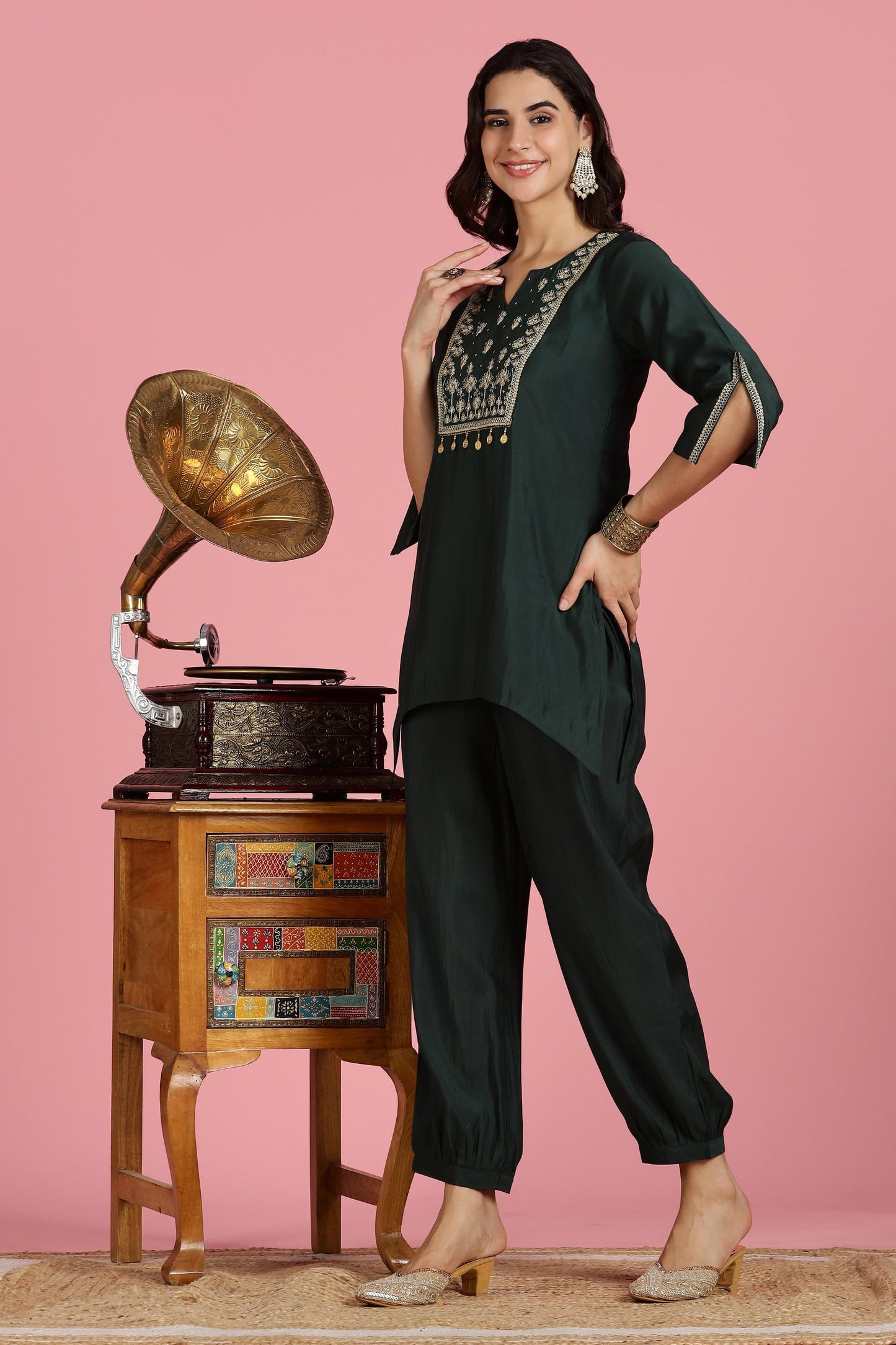 Dark Green Chanderi Silk Kurta Set with Zari Yoke & Coin Embroidery