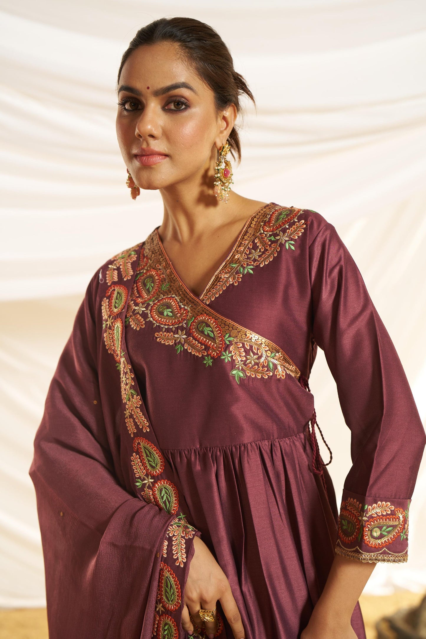 Kayra Wine Paisley Embroidered Sequin Angrakha Silk Suit Set