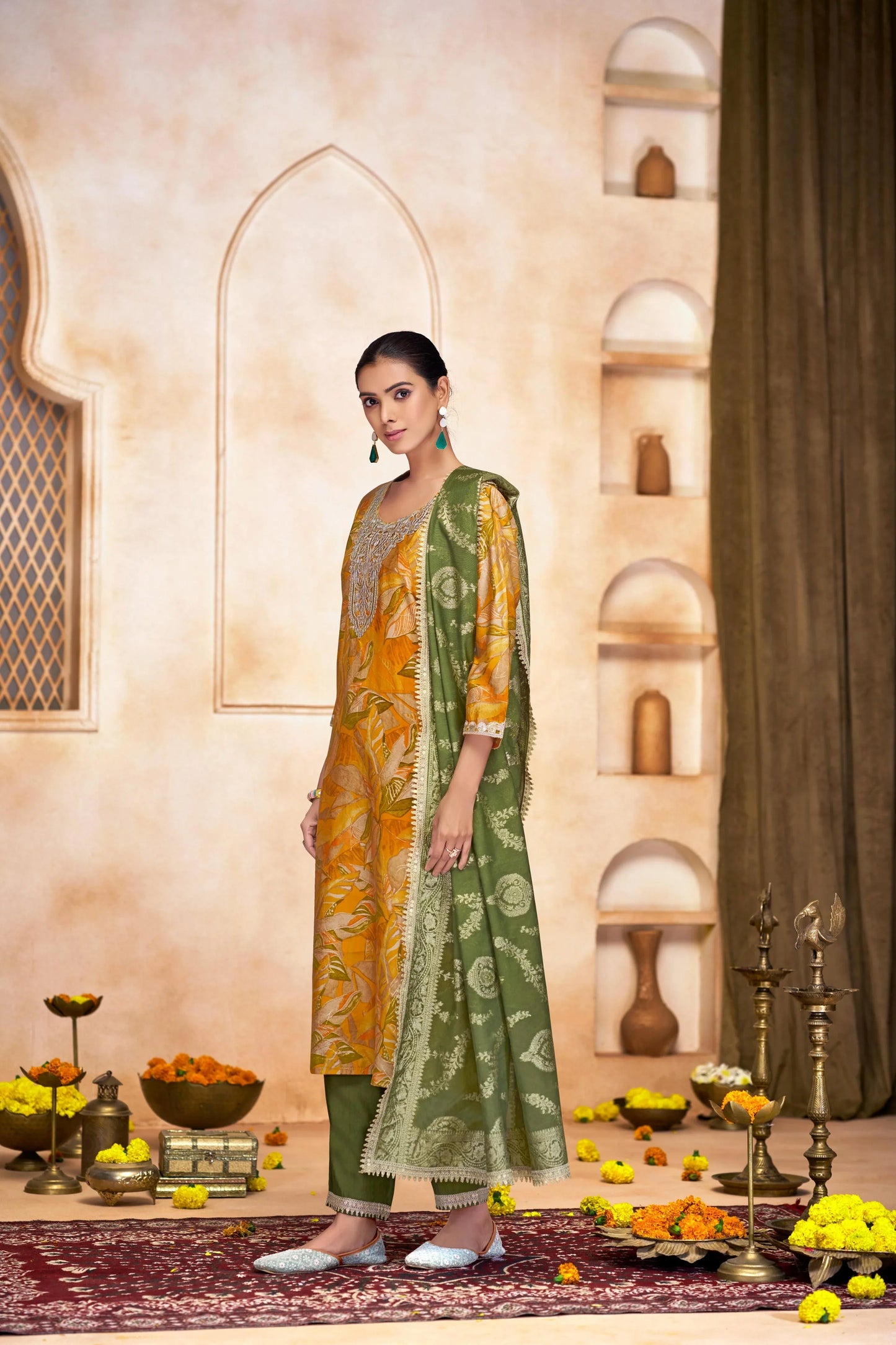 Rashmi Printed Fuchsia And Mustard Kurta Set with Dupatta – Chanderi Silk, Ethnic Wear for Women - warehousetech13