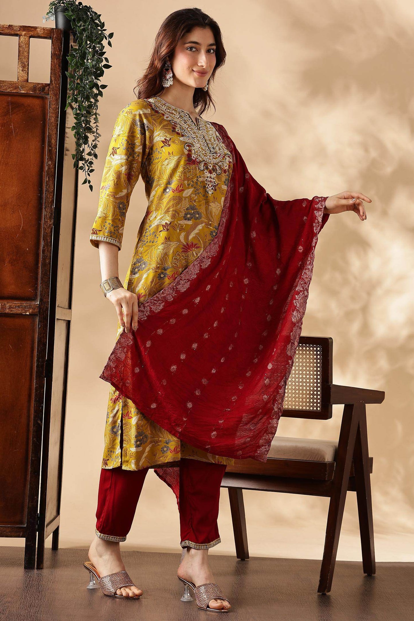 Alfina Yellow & Red Rayon Kurta Set with Dupatta for Women | Festive Ethnic Wear | Stylish Printed Kurta Set