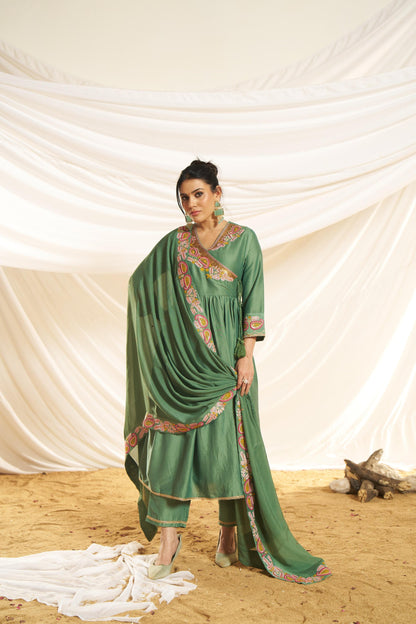 Kayra Green Paisley Embroidered Angrakha Suit Set - Chinnon Silk