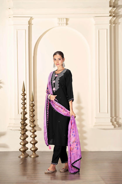 Bhumi Elegant Off-White & Black Silk Kurta Set with Dupatta for Women | Ethnic Festive Wear - warehousetech13