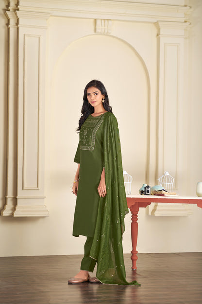 BulBul Aadvi Solid Grey & Green Embroidered Roman Silk Salwar Suit for Women | Festive & Party Wear Ethnic Ensemble