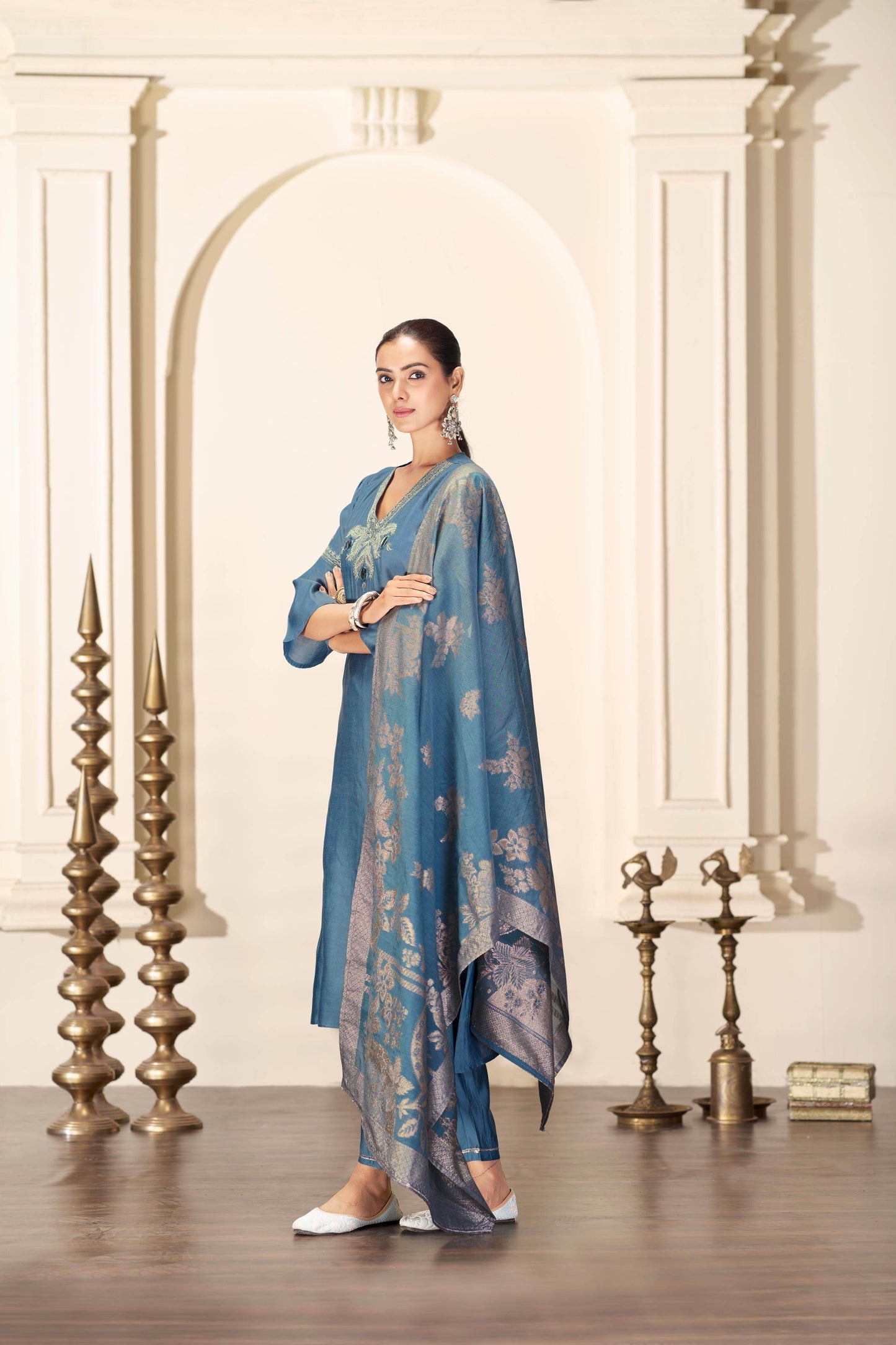 Shruti Silk Kurta Set with Dupatta - Wine & Ice Blue Ethnic Wear for Women
