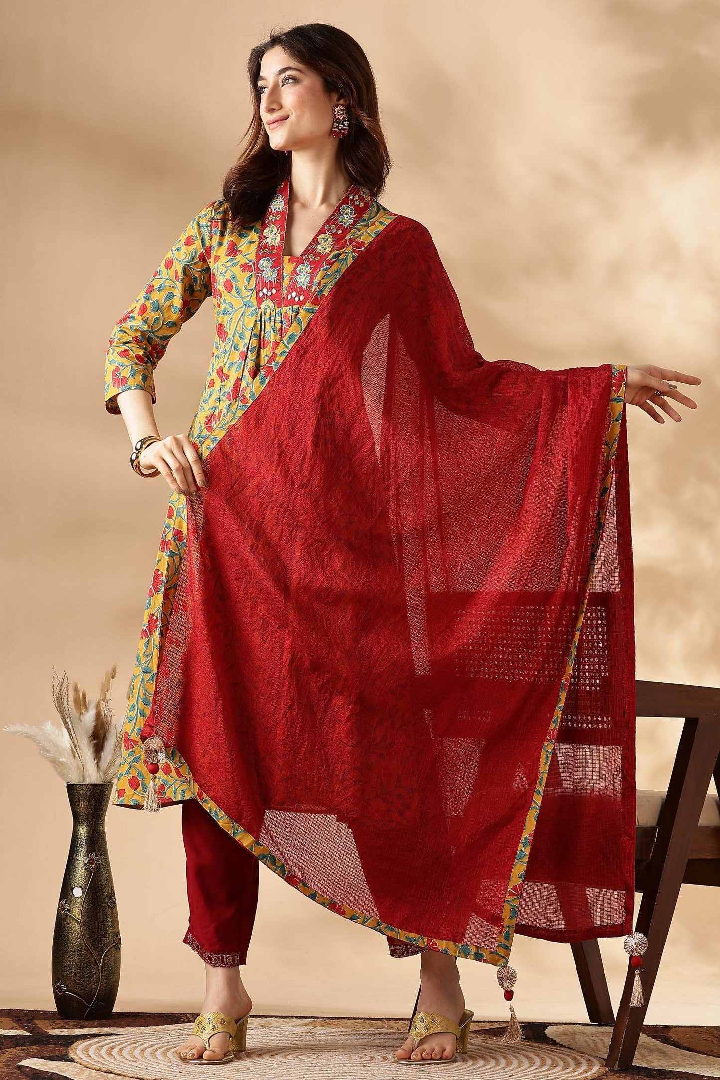 Anupriya Cotton Kurta Set for Women | Blue & Mustard with Dupatta