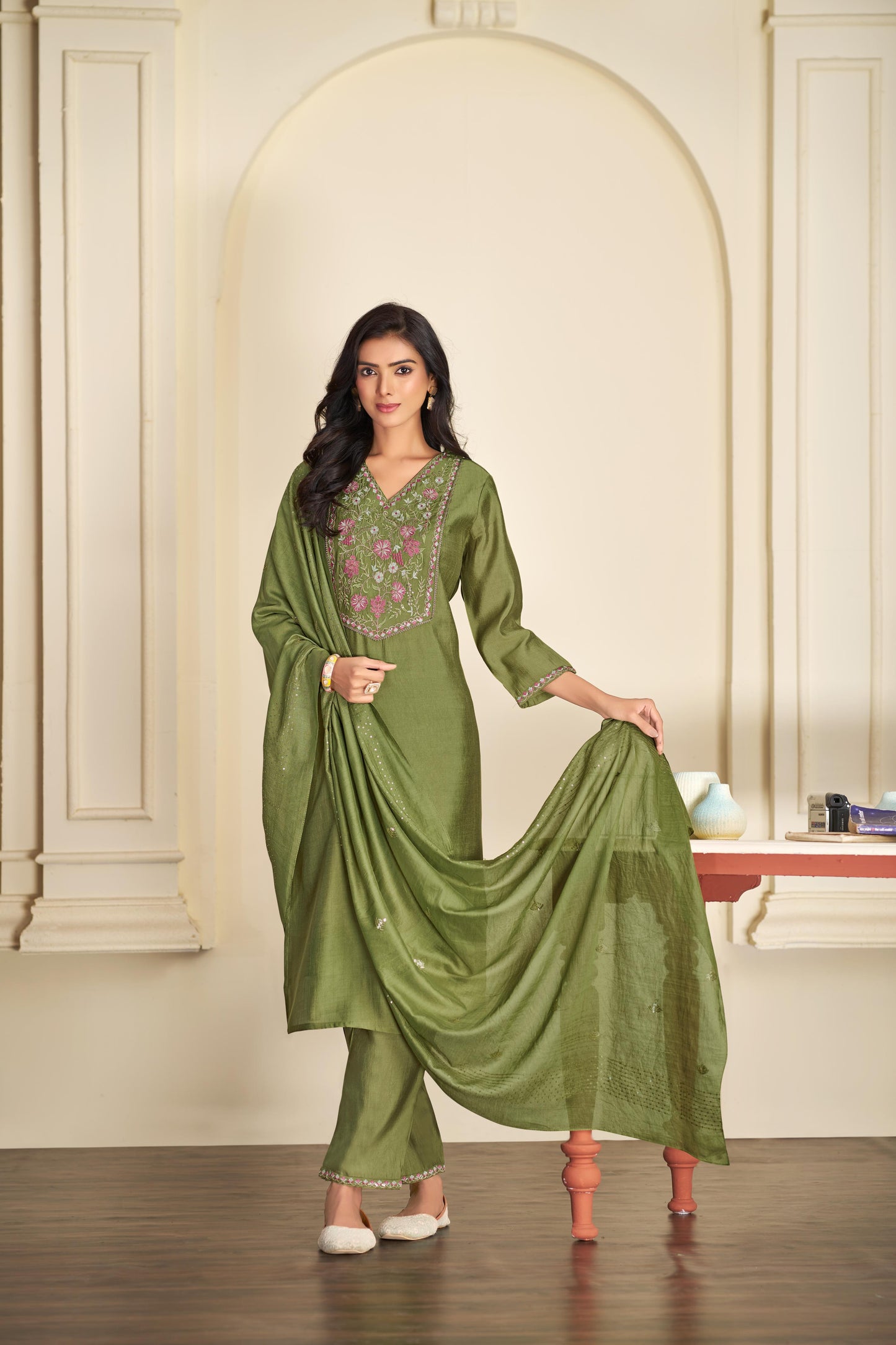 BulBul Preksha Green & Mauve Embroidered Roman Silk Salwar Suit for Women | Festive Ethnic Wear Set