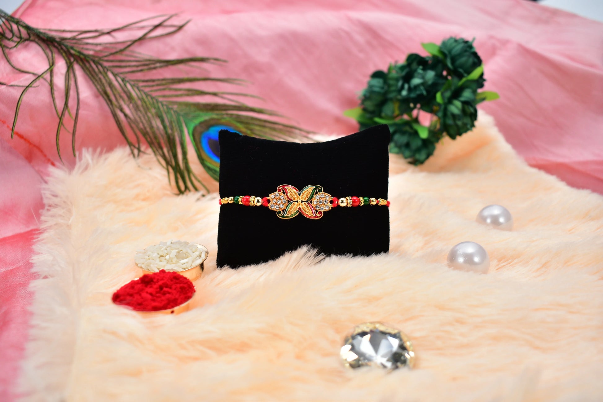 Elegant Red-green Bead Rakhi With Intricate Golden Flower Motif - warehousetech13