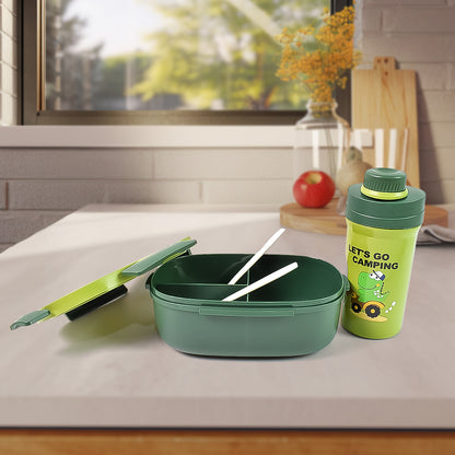 Plastic Lunch Box Leak Proof 3 Compartment With Bottle Spoon And Fork (1 Set) - warehousetech13