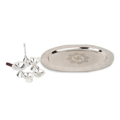 Divyaneel Swastik Theme Brass Pooja Thali – Silver Plated | Handcrafted Ritual Plate with 4 Incense Holders & Sacred Bell | Traditional Indian Puja Set.Sacred Swastik Design - warehousetech13
